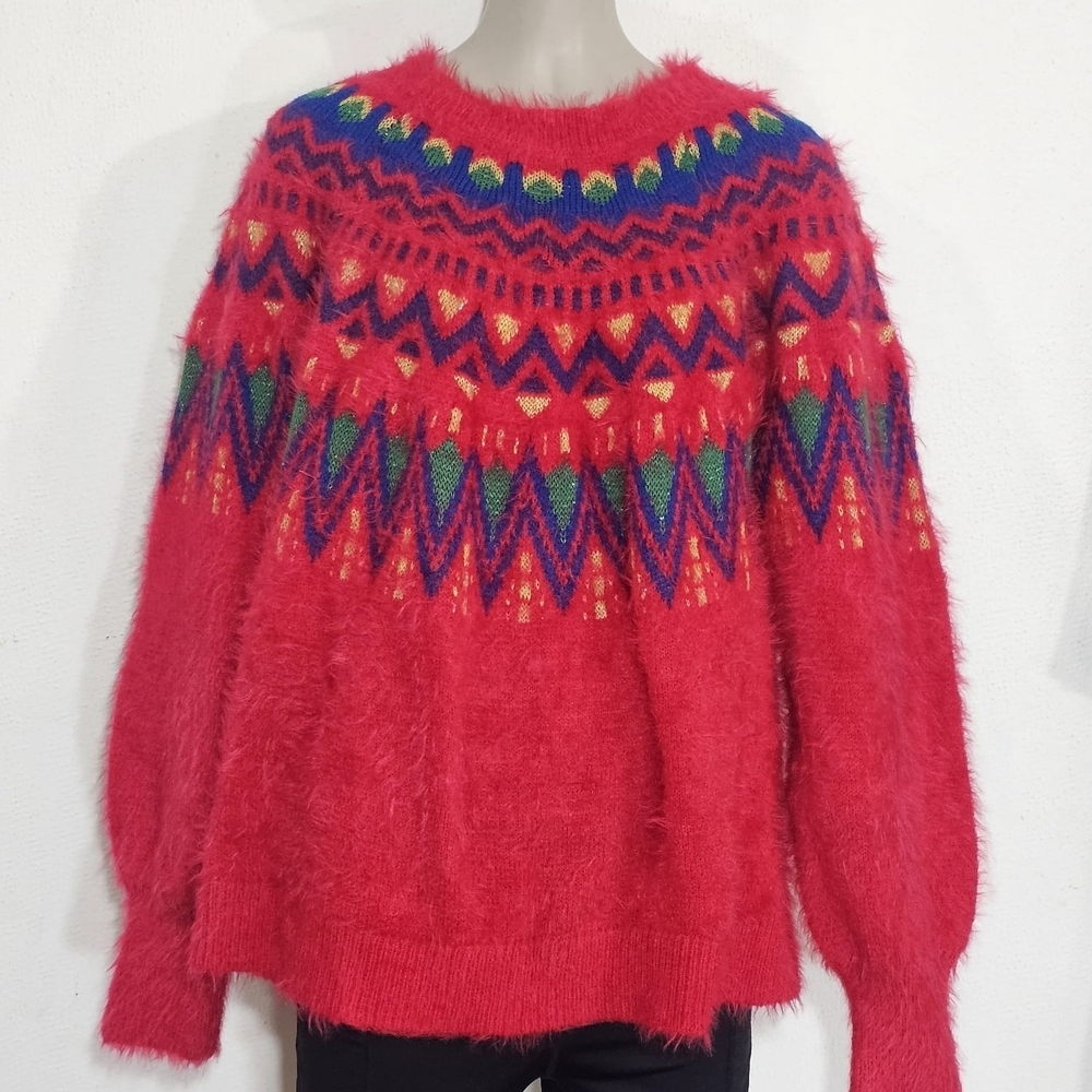 Time and Tru Red Sweater with Multicolor Geometric Pattern